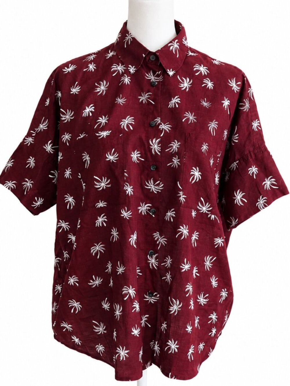 Madewell 1937‎ Men's Cotton Palm Print Camp Shirt XS Burgundy Resort